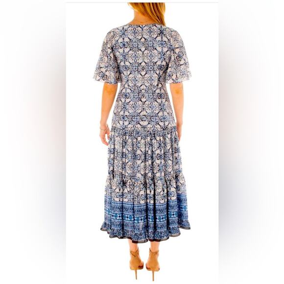 NEW Taylor Blue Floral Cut Out Midi Dress Short Flutter Sleeve Size 6 MSRP $138 - Picture 6 of 9